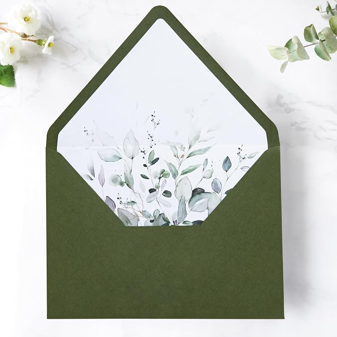 PONATIA 50PCS A7 Euro Flap Envelopes, 5.25 x 7.25'' Liner Envelope For 5x7'' Weddings Invitation Cards, Christmas Gift Cards, Acrylic Invitations, Photos (Olive Green)