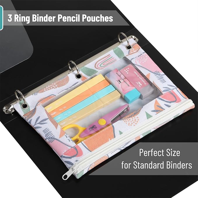 Mr. Pen- Pencil Pouch for 3 Ring Binder, 2 Pack, 10"x6.75", Smooth Zipper | Clear Window, Large Capacity Pencil Case with 3 Reinforced Grommets for School, Office, Supplies Storage