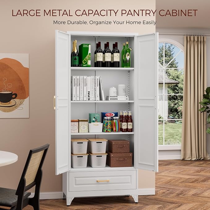 75" Kitchen Pantry Cabinet, Metal Storage Cabinets with 2 Doors | Kitchen Cabinet with Drawer & 3 Adjustable Shelves, Tall Food Pantry Cabinet, Cupboard for Kitchen, Dining Room, Living Room