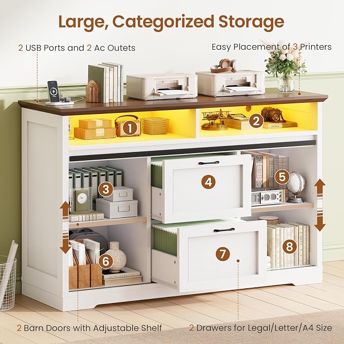 SEDETA 47.2" File Cabinet, 2 Drawers Filing Cabinets for Home Office fit Legal/Letter/A4 File, Farmhouse File Cabinet with Barn Door & Power Outlets, Printer Stand with Storage & LED Lights, White