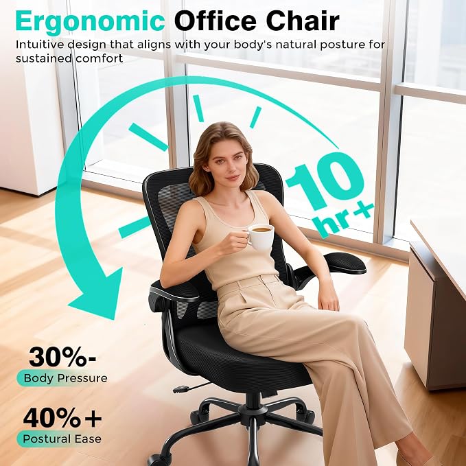 Office Chair - Ergonomic Breathable Mesh Desk Chair with Adjustable Lumbar Support and Flip-up Armrests - Executive High Back Rolling Swivel Comfortable Computer Gaming Chair for Home Office