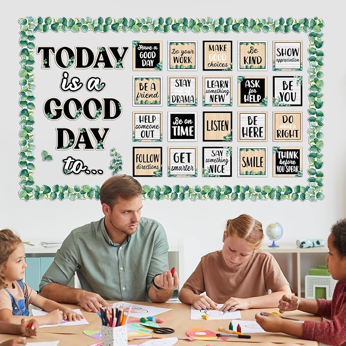 Inspirational Bulletin Board Set Eucalyptus Back to School Classroom Decorations Today is A Good Day Quotes Bulletin Board Greenery Cutout for Student Teacher School Office Classroom Wall Decoration