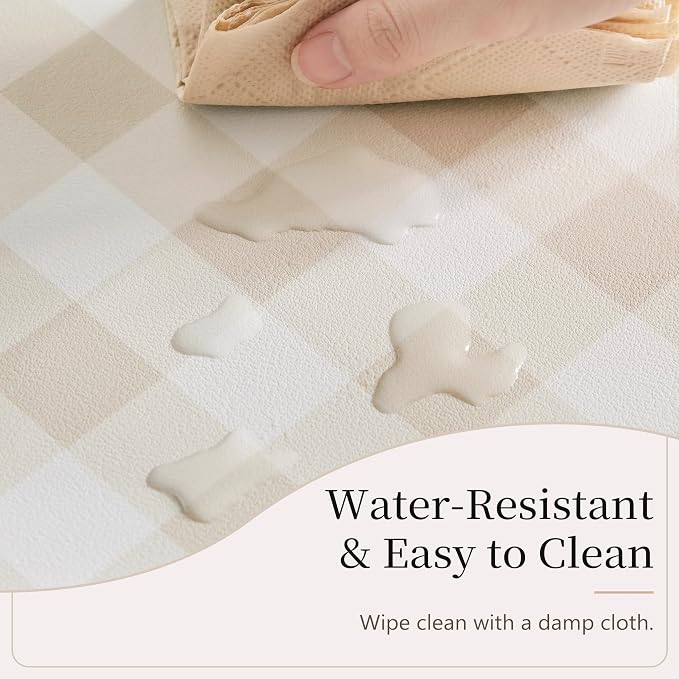 Ohocut Scalloped Gingham Checkered Desk Pad，Beige：31.5" x 15.7" | Large, Premium Faux Leather, Anti-slip Bottom, Water Repellent, Easy to Clean, Aesthetic Trendy Design