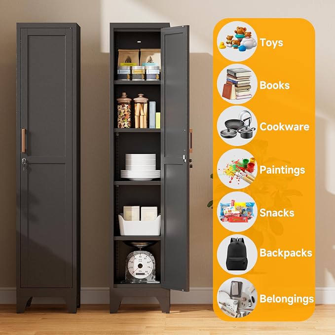 67"H Black Metal Locker with 1 Lockable Door and 4 Adjustable Shelves For Employees, 5 Tier Narrow Storage Cabinet with Detachable Legs and Vintage Handle for Kitchen,Office,Gym,School,Easy Assembly