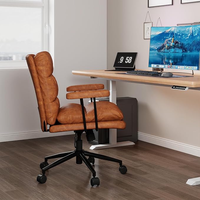 ralex-chair Mid Century Modern Leather Office Chair with Wheels -Brown | Swivel Desk Chair for Home Office, Mid Back Computer Chair with Armrest for Study, Makeup, Office, Bedroom