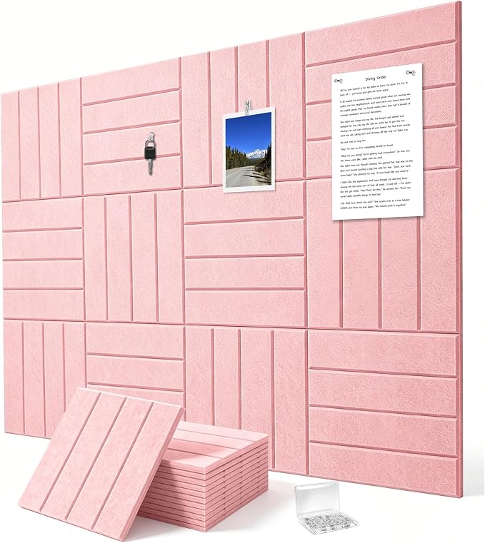 0.47" Thick Felt Wall Tiles 48"x36" Cork Board Alternative 12 Pack 11.81"x11.81"Felt Bulletin Board Pin Board with Removable Adhesive Tape&60 Pushpins for Home Office School(Bold-Coral Pink)