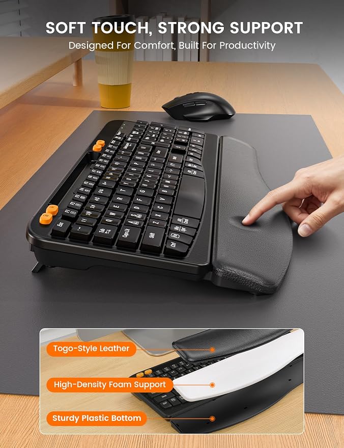 Ergonomic Wireless Keyboard and Mouse Combo with Wave Key | Leather Soft Palm Rest, Rechargeable, 4-Level DPI, Phone Holder, 2.4GHz, MA22 Plus Full Size Set for PC, Laptop, Windows, Mac