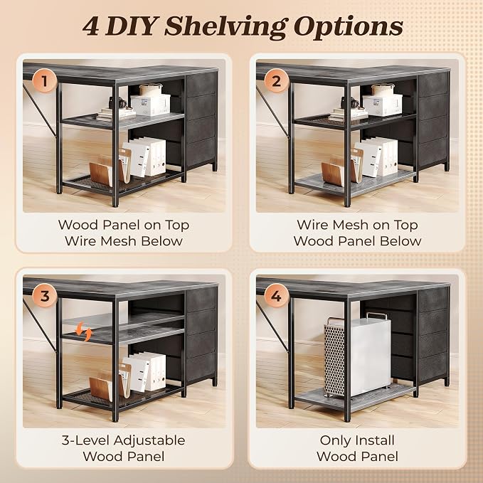 43.3" Small L Shaped Desk with Power Outlets & 4 Drawers | Reversible Computer Desk with 2 Storage Shelves, Corner Office Desk for Gaming Writing Work Study, Grey