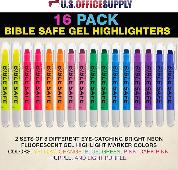 U.S. Office Supply Bible Safe Highlighter Set of 16, 2 Sets of 8 Bright Flouresent Colors, Dry Bible Highlighters No Bleed, Fade or Smear, Safe Gel Markers, Accessories, Study Guide