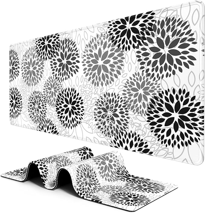 BOSOBO Large XXL Gaming Mat, Full Cover Desktop Mat - 31.5 x 11.8 Inches, Minimalist White Black Flower