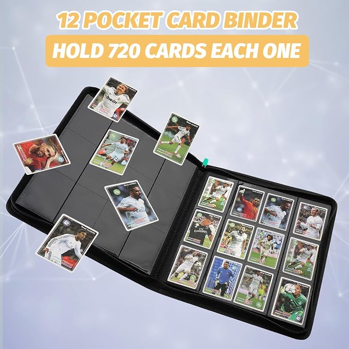 12 Pocket Ringless Side Loading Trading Card Binder, 720 Cards PU Fixed Page Zipper Card Album for TCG Sports Game Cards, Not Fit Top Loaders (Lake Blue)