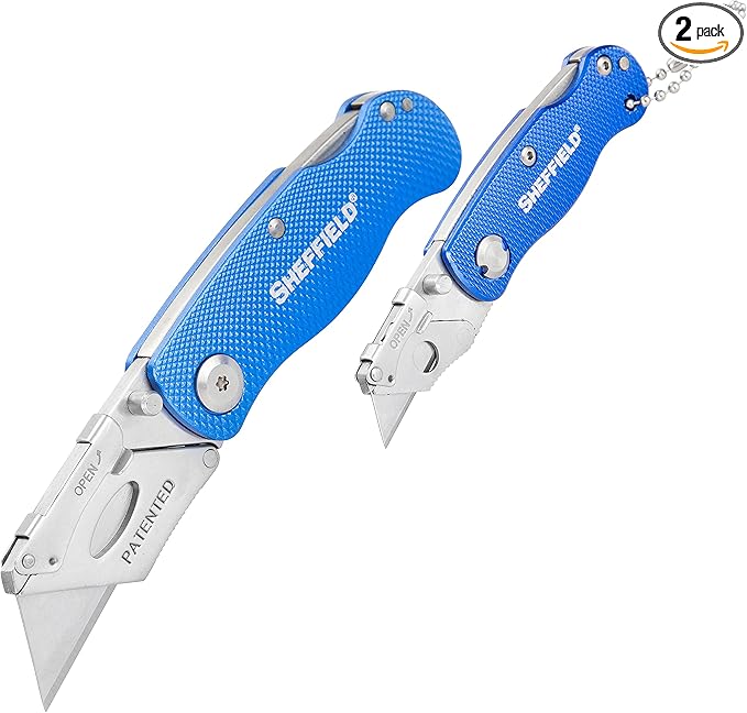 Sheffield Utility Knife and Mini Box Cutter, Folding Utility Knife Set Aluminum Handles, Accepts Std and Mini Blades, Box Cutters for Trades and DIY