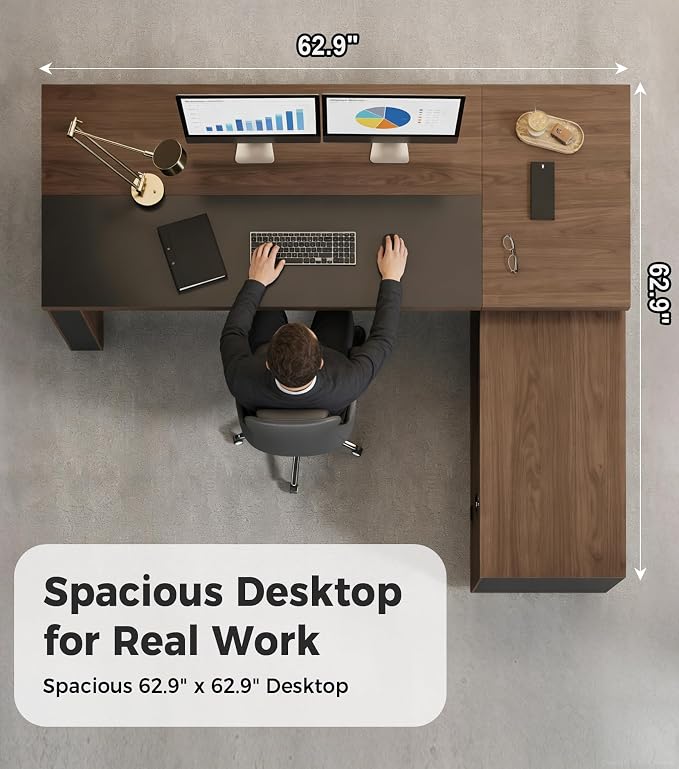 63" Reversible L-Shaped Executive Desk with Drawers – Compact Office Computer Desk with Open Shelves, LED Lighting, Built-in Outlet & USB Ports for Home, Office, School (63" W x 63" D x 30" H)
