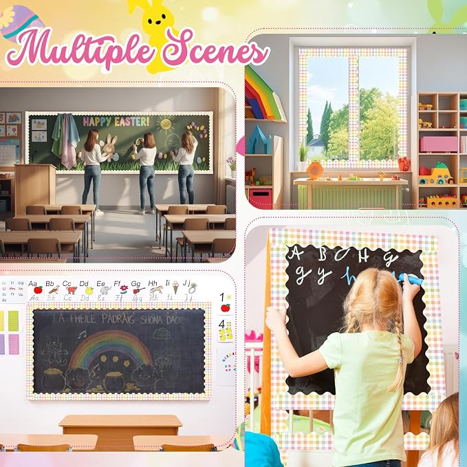 32.8 Ft Pastel Gingham Bulletin Borders Classroom Scalloped Trim | Rainbow Pastel Scalloped Trim, Classroom Office Borders, Easy Cut Adhesive Backing for Bulletin Display Party Decorations