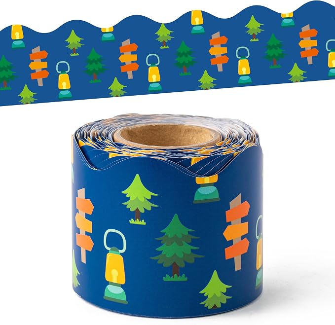 BeYumi Camping Tent Border Trim - 65ft Back to School Hiking Camping Scalloped Rolled Border Trim Outdoor Themed Bulletin Board Set Classroom Office Chalkboard Kindergarten Preschool Party Decoration