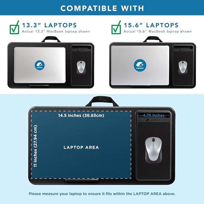 LAPGEAR Home Office Lap Desk – Black Carbon, Fits 15.6” Laptops | Built-In Mouse Pad & Phone Slot, Integrated Device Ledge, Dual-Bolster Microbead Cushion, Carry Handle