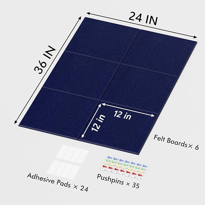 Large Cork Board for Wall, 36" x 24" Bulletin Board with Pushpins, 6 Panels Felt Tiles Tack Push Pin Board for Office, Dark Blue