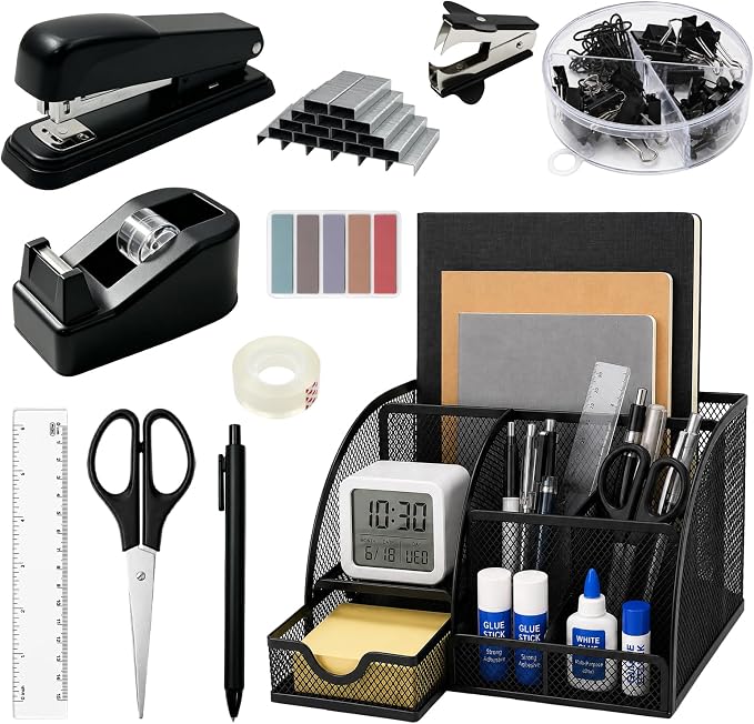Black Office Supplies Set, Office Desk Accessories with Desk Organizer, Tape Dispenser, Stapler, Clips, Ruler, Scissors, Pen, Tape, Sticky Notes, Desktop Organizer for Back to School Supplies