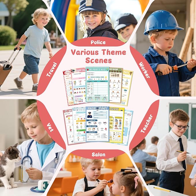 TICIAGA Kids Pretend Play Notepads - 10PCS 4 x 6 Inch Playtime Pad Included Restaurant Police Vet Doctor Visit Coffee Salon Notepad 30 Pages Pretend Notebook Imaginative Role for Toddler Kid Play Game