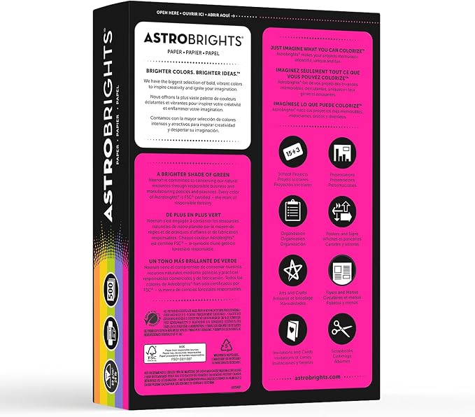Neenah Astrobrights(R) Bright Color Paper, 8 1/2in. x 11in., 24 Lb, Assorted Colors, Ream Of 500 Sheets, 21289, (Pack of 2)