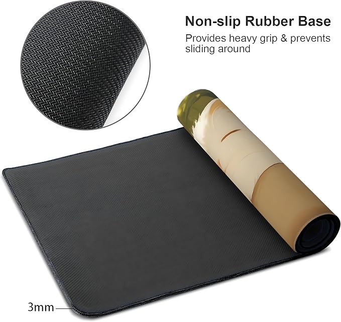 Cute Anime White Cat Gaming Mouse Pad, Forest Green Warm Healing Desk Mat with Anti-Slip Base & Stitched Edges, Computer Keyboard & Laptop Pad, 35.4" x 15.7" in in Workstation Accessories