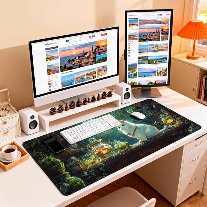 Cute Anime White Cat Gaming Mouse Pad, Forest Green Mystical Desk Mat with Anti-Slip Base & Stitched Edges, Office & Home Desk Decor for Women, 35.4" x 15.7" in Computer Desktop Mat