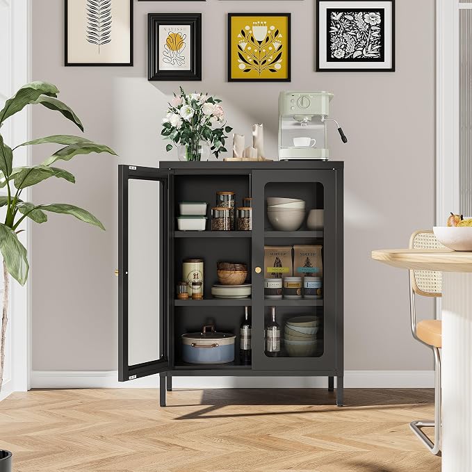 Bevivog Small Display Cabinet with Glass Doors, 12" Shallow Metal Storage Cabinet Short Bookcase with Two Doors Two Shelves for Home Office Living Room