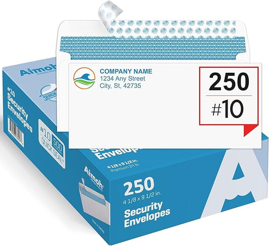 Aimoh 250 Custom Printed #10 Security Self Seal Envelopes -Personalized with Logo &Address Customization |Letter Size 4⅛ x 9½, White, 24LB, 250 Count (7-34010-250)
