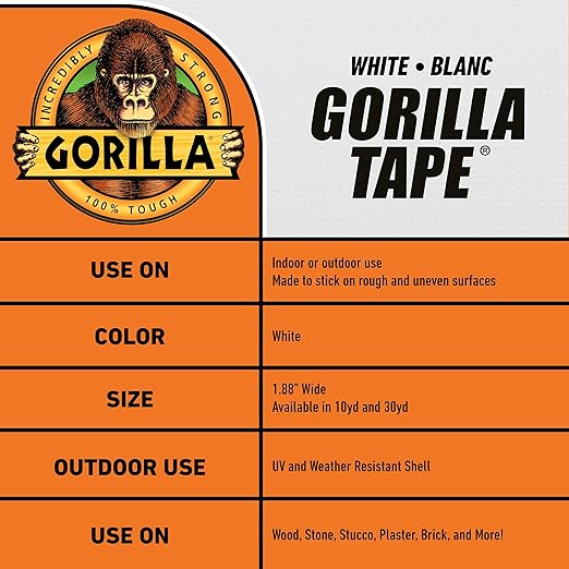 Gorilla Tape, White Duct Tape, 1.88" x 30 yd, White | (Pack of 12)