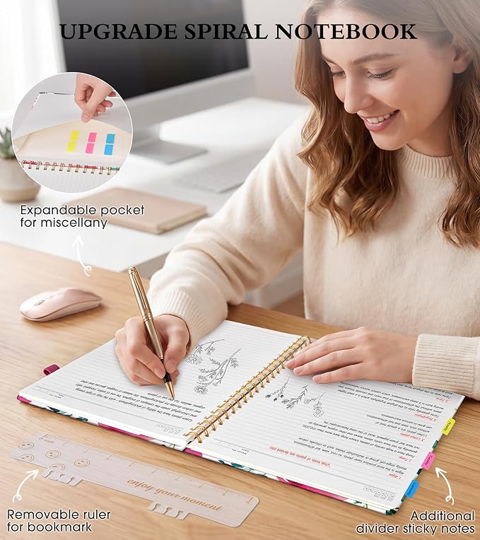Spiral Notebook Journal 8.5” x 11”, A4 Large Notebooks for Women Men, College Ruled Lined Journal, 100 GSM Paper, Hardcover Spiral Bound Journals for Work School Note Taking, Watercolor Blooms