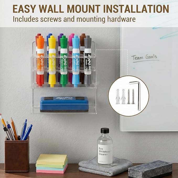 MyGift Dry Erase Marker Holder Wall Mount Clear Acrylic 10 Slot Organizer | Ten Slot Capacity, Easy Access, Wall Mounted Organization, Clear Visibility, Classroom Office Essential, Space Saving Design