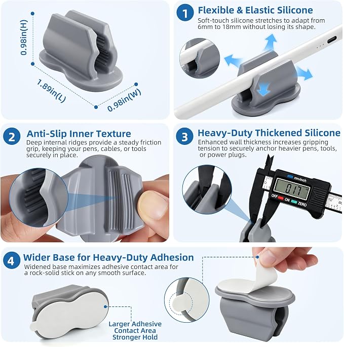 Biottro 12PCS Pen Holder for Desk, Upgraded Adhesive Pen Pencil Holder for Desk Wall Clipboard Car Silicone Pens Markers Pencils Organizer Teacher Supplies Office Supplies (12PCS Gray)
