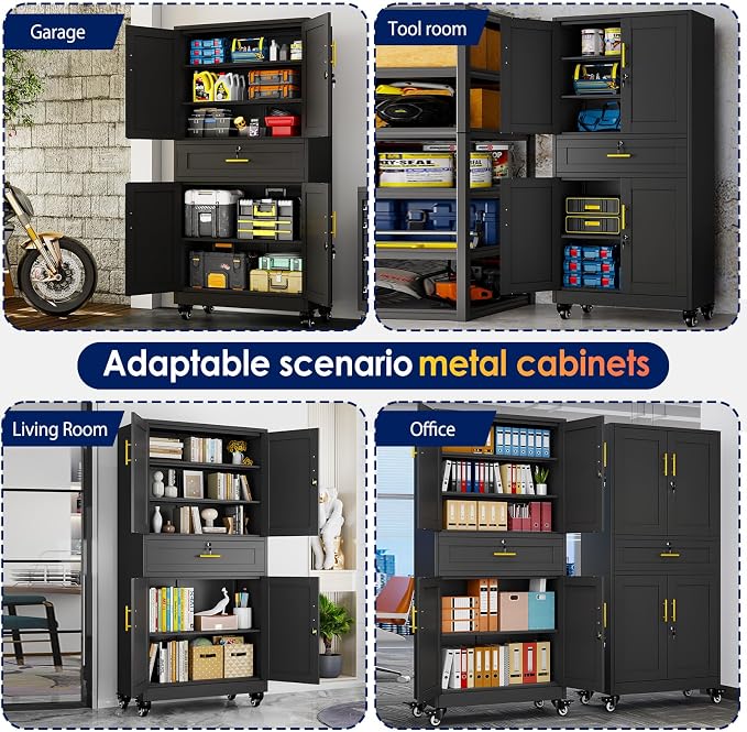 erosoei 75" H Metal Garage Storage Cabinet, Rolling Tool Cabinet with 2 Doors and Wheels, Locker Steel Cabinet with 4 Adjustable Shelves and Drawer, Organization Cabinet for Garage,Office,Gym