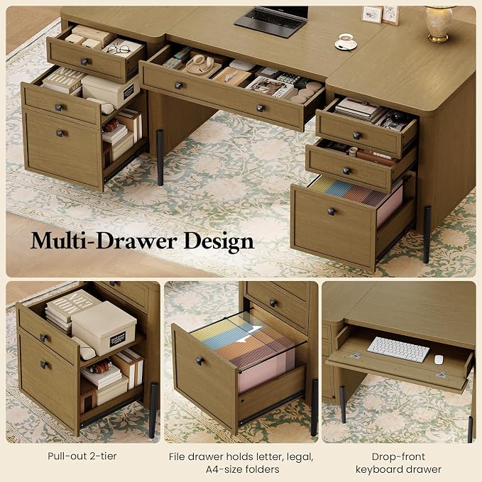63" W x 27.6" D Executive Desk with 2 Cabinets & 6 Drawers, Farmhouse Home Office Desks with Keyboard Tray, Large Boss Desk with Privacy Panel, Modern Table with File Drawer