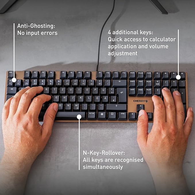 Cherry KC 200 MX, Wired Mechanical Office Keyboard, Modern Design with Elegant Aluminum Surface, USB-A Connection, MX2A Brown Switches, White/Silver
