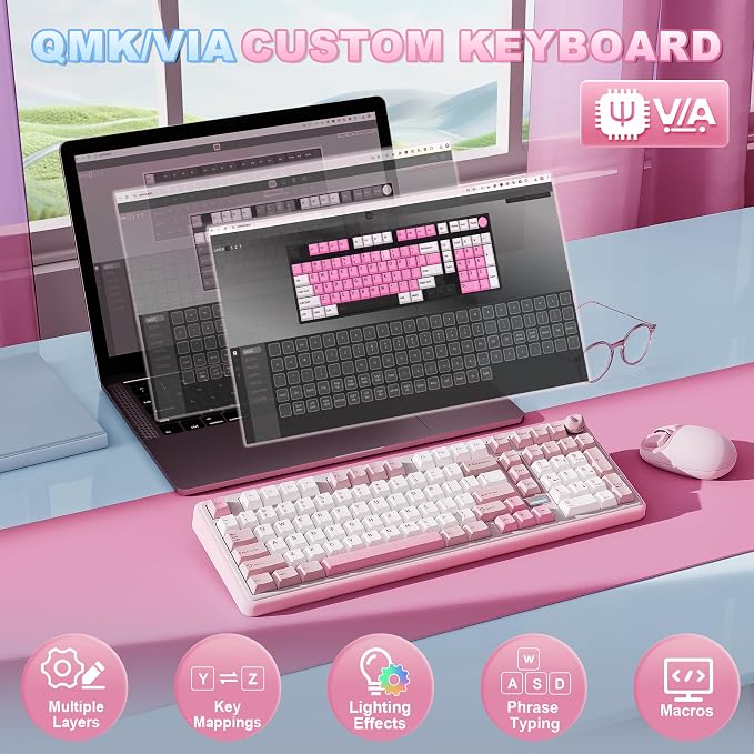 YUNZII B98 PRO 96% Wireless Mechanical Keyboard(Pink, Candy Switch) | QMK/VIA, with Numpad, Dual-Style Knob Design, Creamy Pre-Lubed Switches, Hot Swap, Gasket Mount, RGB for Gaming/Win/Mac