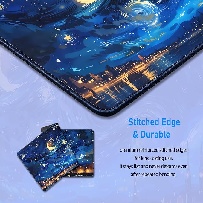 Starry Night Desk Mat,Large Van Gogh Art Gaming Mouse Pad,31.5x12 in | Blue Night Sky Moon Aesthetics Mousepad,XL Extended Desk Decor Deskmat,Soft Micro Woven Cloth Keyboard Pad,80 x 30 cm