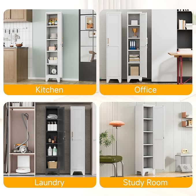67"H White Metal Locker with 1 Lockable Door and 4 Adjustable Shelves For Employees, 5 Tier Thin Storage Cabinet with Detachable Legs and Gold Handle for Kitchen,Office,Gym,School,Easy Assembly 2Pcs