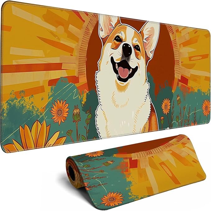 Cute Dog Mouse Desk Pad Kawaii Yellow Desk Mat Desk Decor Large Gaming Mouse Pad For Desk Mousepad Computer Office Keyboard Laptop Big Corgi Mouse Pad Xl(31.5x11.8 In)-With Non-Slip Base Stitched Eges