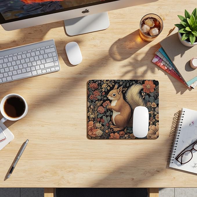 Vintage Moody Floral Squirrel Mouse Pad, Squirrel Lovers Gifts, Dark Cottagecore Forest Animal Mouse Pads Mousepad for Home Office Dorm Computers Laptop Supplies Desk Accessories, 9.5x7.9 Inch