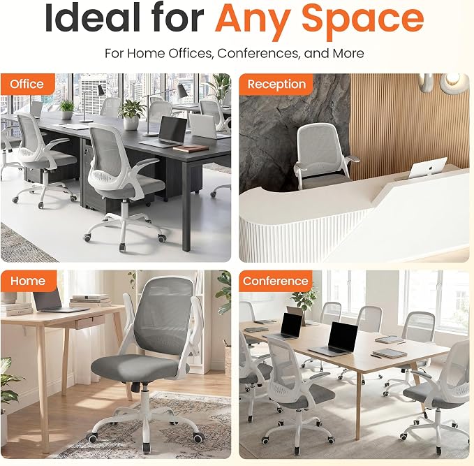 NEO CHAIR Office Computer Chair Ergonomic Mesh Back Flip-Up Arms, Grey | Lumbar Support, Smooth-Rolling Casters, Height Adjustable Seat, Comfortable Seating for Office, Study and Computer Work
