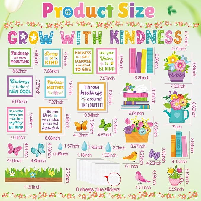 Qilery Grow with Kindness Bulletin Board Set Spring Classroom Decorations | Motivational Reading Posters for Teachers Elementary School Library Wall Decor Flower Book Cutouts for Kindness Week Display