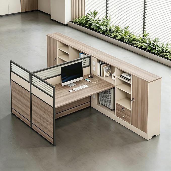 Modern Office Workstation Desk with Side Storage Cabinet, Tempered Glass Privacy Panels, USB Charging Hub & Cable Management, Modular Cubicle Desk for Office Work (A - Right, 2P)