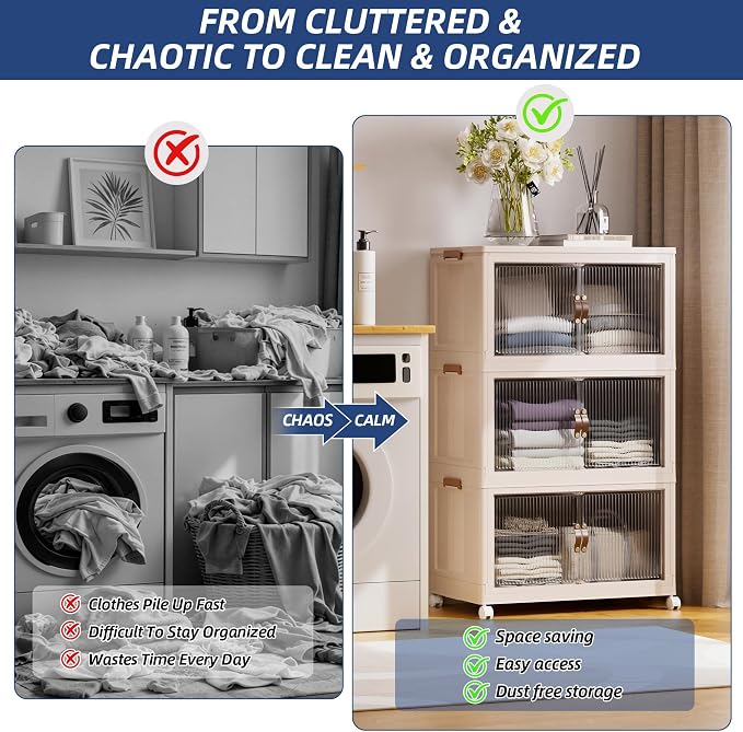 SAILUN 381Qt Extra Large Stackable Storage Bins Folding Collapsible Storage Bins with a Lid, Closet Organizers and Storage Blush White 28" W x 17" D x 46" H | Stackable Storage Drawers with Lids,28" W x 17" D x 46" H,Featuring open-front Access for Clo...