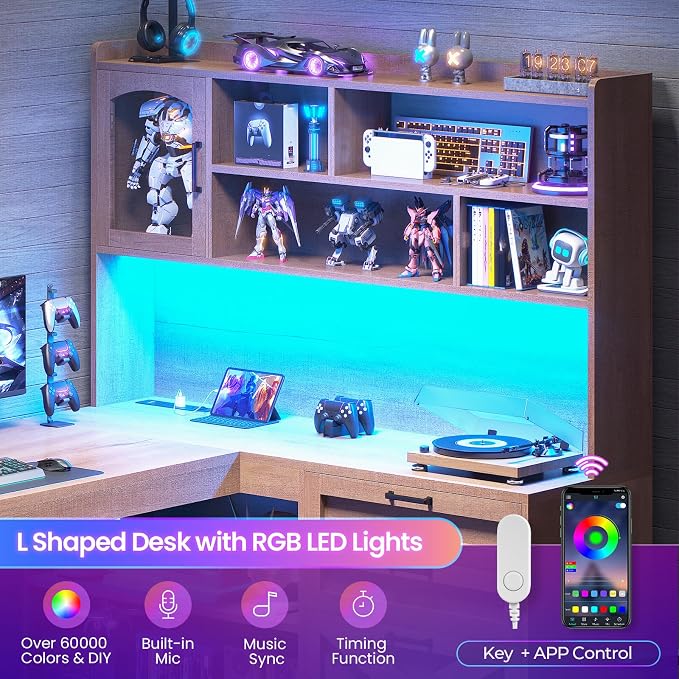SEDETA 61" L Shaped Office Desk with Drawers and Storage, Light Brown | Computer Desk with Storage Shelves and Power Outlet, Corner Gaming Desk with LED Light and Display Cabinet for Home Office