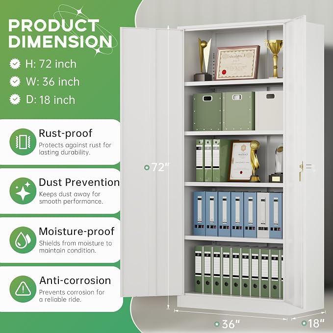 Metal Storage Cabinet,72" Steel Lockable File Cabinet with Locking Doors and Adjustable Shelves,Locking Tool Cabinets for Office,Home,Garage,Gym,School (White)
