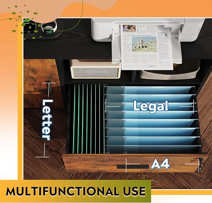 DEVAISE File Cabinet with Charging Station, 1 Drawer Rolling File Cabinet, Locking Filing Cabinet for Home Office, Wood Printer Stand with Storage, Rustic Brown | Locking & Charging Station, Lateral Rolling Filing Cabinet, Doors and Shelves, Fits Legal...