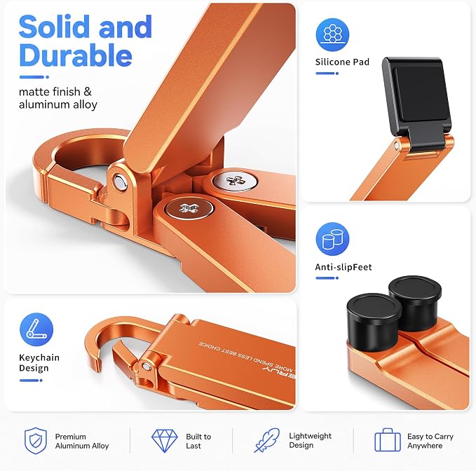 Portable Foldable Pocket Phone Stand with Keychain for Desk Travel（Orange） | Mini aluminum, adjustable kickstand, lightweight metal, slim compact for office, plane