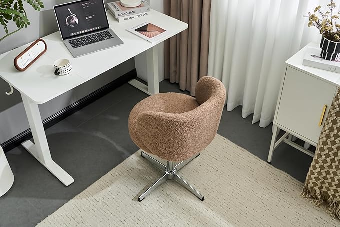 VINGLI Cute Small Swivel Desk Chair Comfy no Wheels,Ergonomic Low-Back Lumbar Support Vanity Nail Tech Computer Task Stool Chair for Home Office,Height Adjustable,Teddy Fleece,Brown