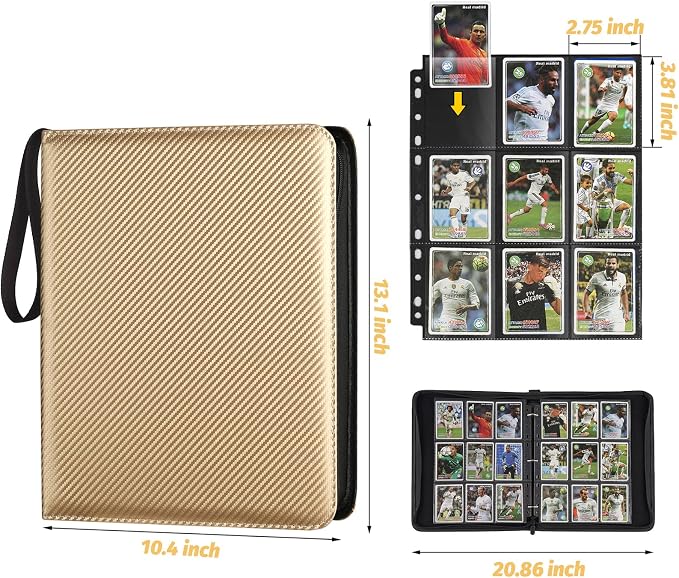 GERMUN 3 Ring 9 Pocket Zipper Card Binder, 720 Double Sided Standard PU Trading Card Album Folder for TCG & Sports Cards, Not Fit Top Loaders (Gold)